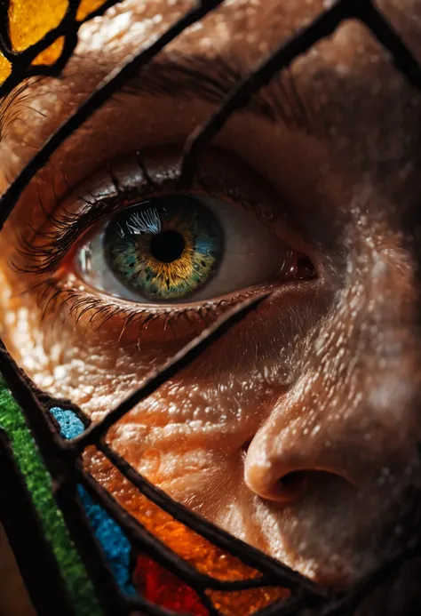 RAW photo, beautiful eyes, macro shot, masterpiece, peeking from behind stained glass, colorful details, award winning, high detailed, 8k, natural lighting, analog film, detailed skin, amazing composition, intricate details, subsurface scattering, velus ha...