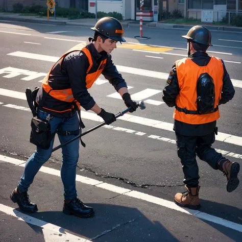 Top quality, 50 year old male, road paving work, wearing helmet, mask, long sleeves, long pants, leather gloves, leg ties, safety shoes