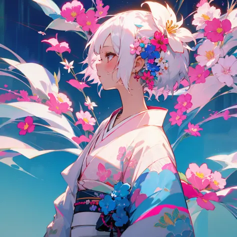 1 girl, solo, short hair, hair ornament, jewelry, kimono, upper body, flower, white hair, flower in hair, necklace, from side, profile, pink flower, blue flower, abstract, lightsaber in hand,