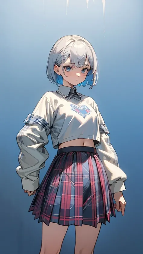 a woman in a white shirt and plaid skirt standing against a blue background, with ripped crop t - shirt, detailed plaid miniskirt, plaid skirt, t-top, extra short blue plaid skirt, she  wearing streetwear, graphic print, cropped wide sleeve, very aesthetic...