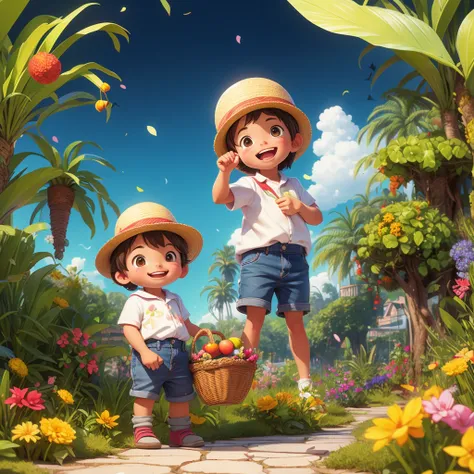 pintura feita em estilo aquarela, onde podemos ver um jardim encantador,  with a little gardener boy portrayed as a baby in appropriate gardening clothes and a straw hat,is on a path with dirt floor, Feito em estilo desenho de cartoon, O garotinho sorri en...