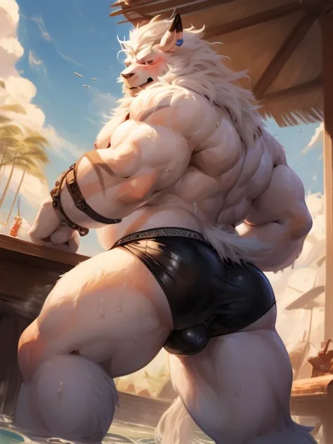 ((best quality)), masterpiece, highres, (by honovy, by zackary911, by by null-ghost), male, solo, leomon, muscular, white fur, genital fluids, white body, Giant body, ((very fat muscular)), very muscular arms, blushing on his face, sweat soaked fur, (((ass...