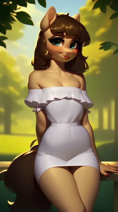 (score_9), (source_ derpibooru_p_95), (earth pony), ((anthro oc pony:1.1)), (shoulderless cute sun dress), very cute, blushing, cute smile, solo, realistic long brown hair, bangs, anatomically correct, flat chest, solo,  high res, bottom lip, extremely det...