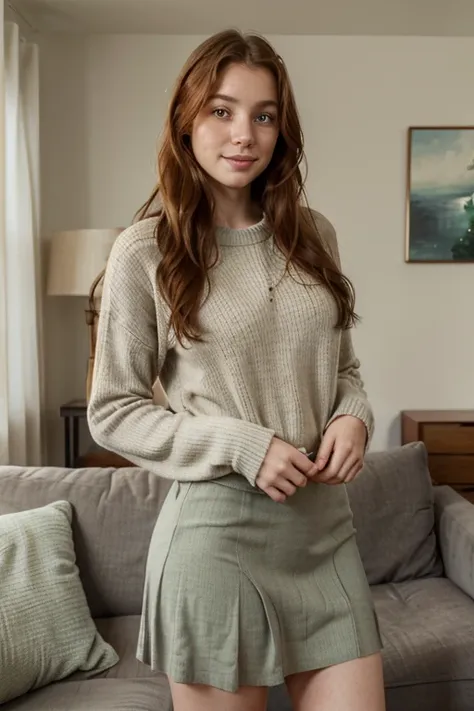 living room, skirt and sweater, Woman, American, 25 years old, fair skin with freckles, green-gray eyes, delicate nose, soft and delicate lips, long wavy ginger-hair, sweet smile. full body portrait photograph. ultra high res.photo realistic: 1.4, UDH,