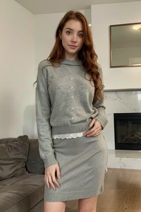 living room, skirt and sweater, Woman, American, 25 years old, fair skin with freckles, green-gray eyes, delicate nose, soft and delicate lips, long wavy ginger-hair, sweet smile. full body portrait photograph. ultra high res.photo realistic: 1.4, UDH,