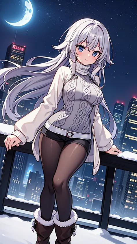 (masterpiece,best quality, detailed,hires),ultra detailed background,dutch angle shot,distance view,1girl,16yo,(solo:1.4),(messy winter cityscape,shibuya street,detailed sky,night,moon,star sky),BREAK,detailed long hair,detailed face,detailed shining eyes,...