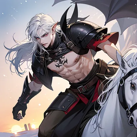 a handsome 20-year-old warrior man, defined with a tattoo on his neck of a dragon, well-detailed red eye irises, well-detailed armor, well-detailed face, serious countenance, snow-white hair, a warrior in the snow, riding on a black horse and elf ears and ...