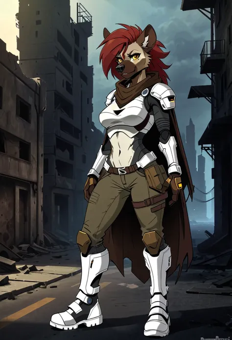 anthropomorphic hyena, female, she is hairy, she has red Rachel-style hair, she has well-detailed yellow eyes, she has wide hips, she is wearing cybernetic armor, she is wearing short brown jean pants, She is wearing white cybernetic and futuristic boots, ...