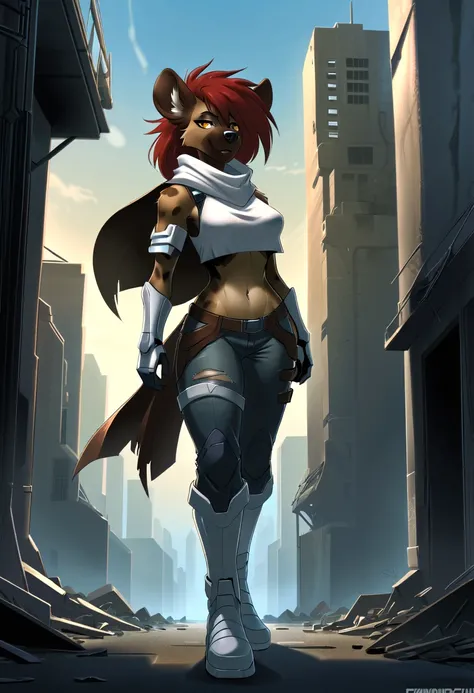 anthropomorphic hyena, female, she is hairy, she has red Rachel-style hair, she has well-detailed yellow eyes, she has wide hips, she is wearing cybernetic armor, she is wearing short brown jean pants, She is wearing white cybernetic and futuristic boots, ...