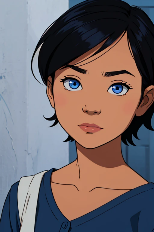 In a comic style, draw the face of an Asian girl kid, with short black hair, blue eyes. in a dark backgound and a relaxed face