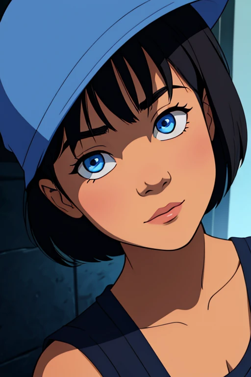 In a comic style, draw the face of an Asian girl kid, with short black hair, blue eyes. in a dark backgound and a relaxed face