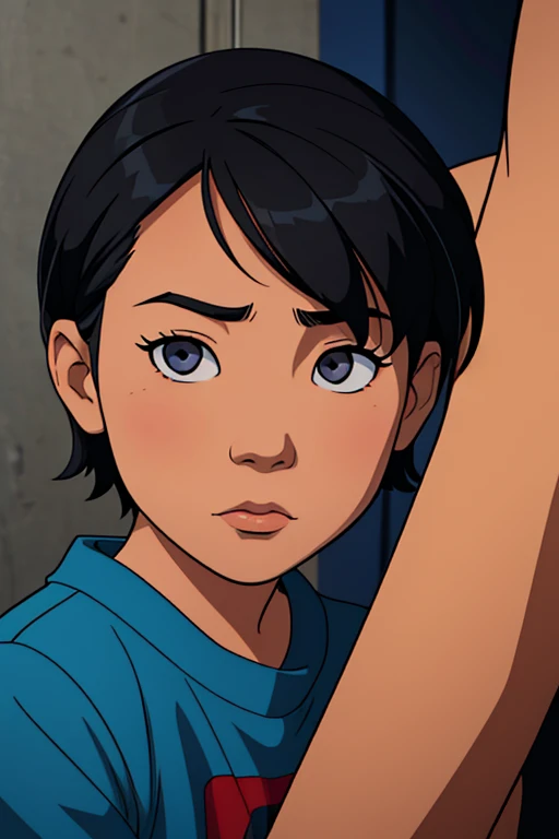 In a comic style, draw the face of an Asian girl kid, with short black hair, bluish gray eyes. in a darker backgound and a tired face