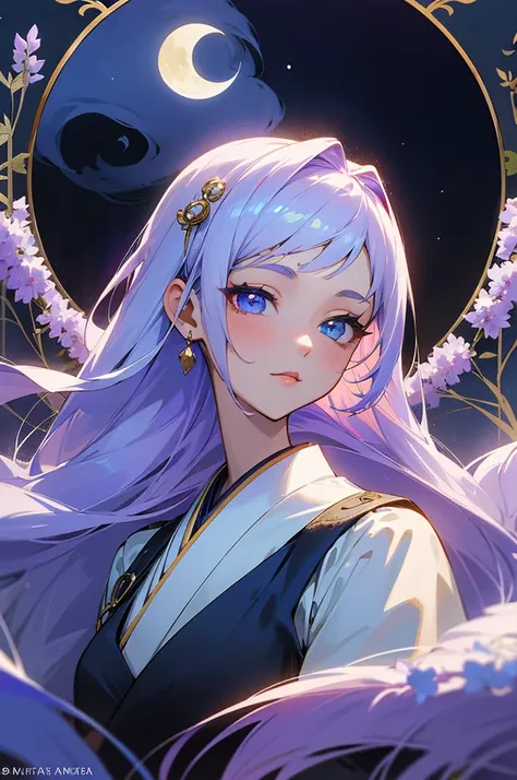 "Generate a detailed description of my original character (OC) as a teenager. The OC is a young teenage girl with long snow-white hair, delicately tinged with wisteria purple at the tips. She is adorned in a beautiful silk traditional Japanese kimono, feat...