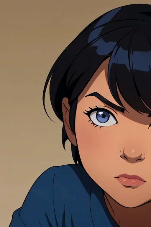 In a comic style, draw the face of an Asian girl kid, with short black hair, bluish gray eyes. in a darker backgound and a relaxed face