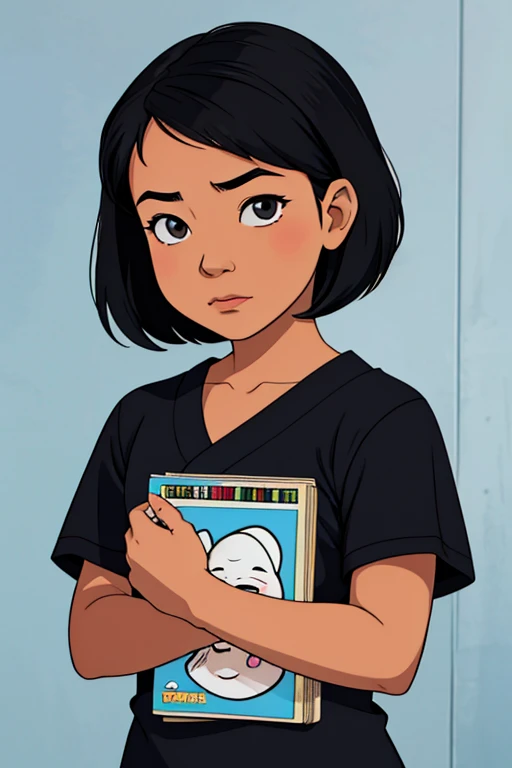 In a comic style, draw the face of an Asian girl kid, with short black hair, bluish gray eyes. in a dark backgound