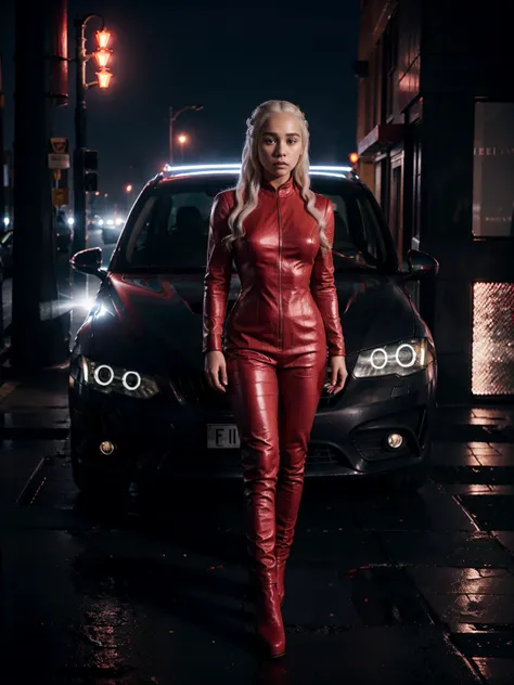 Daenerys Targaryen standing next to a car, wearing red leather suit, heels, full body, night lights, no people in background.