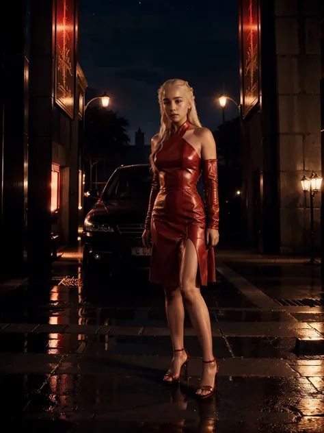 Daenerys Targaryen standing next to a car, wearing red leather dress, open-ended heels, full body, night lights, no people in background.