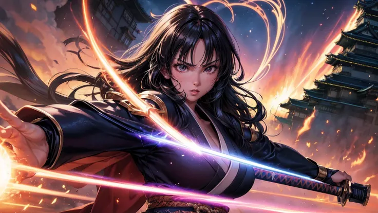 masterpiece,8k,best quality,ultra detailed,ultra highres,(1 Female kunoichi with 1Fairy),(swinging a shinning katana),(Equip a japanese armor),(rage:0.6),(upper body shot:1.2),black hair,Very Long Hair,brown eye,straight hair,(fire:1.1),(Burning-Edge:1.2),...