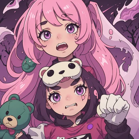 "A cute little girl with pink hair, green highlights, and purple eyes holds a terrifying-looking teddy bear with claws and blood splattered on it."