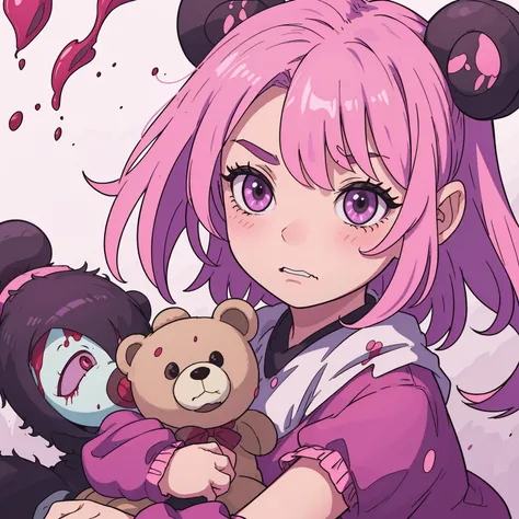 "A cute little girl with pink hair, green highlights, and purple eyes holds a terrifying-looking teddy bear with claws and blood splattered on it."