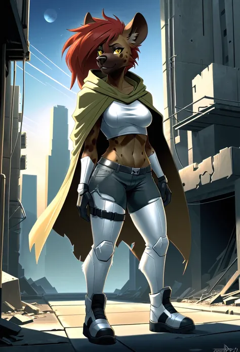 anthropomorphic hyena, female, is hairy, has Rachel-style red hair, has well-detailed yellow eyes, she has a very beautiful hyena face, has wide hips, wears violet cybernetic armor, wears gray jean shorts, wears white cybernetic and futuristic boots, she i...