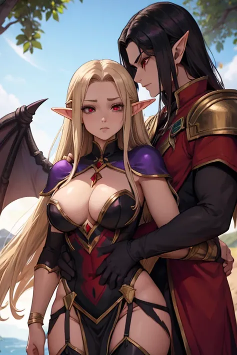 a female adult elf with weavy darkblonde hair visible forehead and demon wings wearing female purple armor next to a male adult good looking elf with *very long dark black hair* and red eyes wearing red armor couple dark athmosphere male with black hair