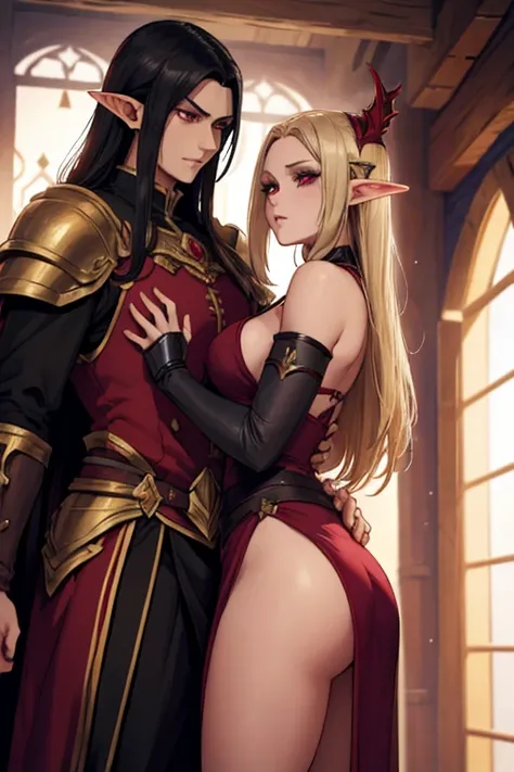 a female adult elf with weavy darkblonde hair visible forehead and demon wings wearing female purple armor next to a tall male adult good looking elf with *very long dark black hair* and red eyes wearing red armor couple dark athmosphere male with black ha...