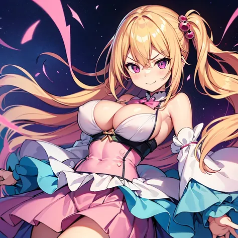 ((Best Quality)), ((masutepiece)), (Detailed), 1 woman, waifu oppai, angry, smile challenging, long hair blonde with hair highlights pink, blue and pink eyes, pink and white clothes, kawaii