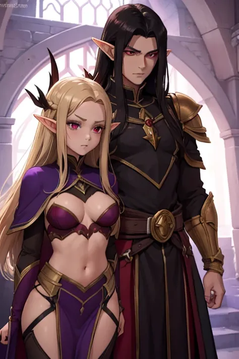 a female adult elf with weavy darkblonde hair visible forehead and demon wings wearing female purple armor next to a tall male adult good looking elf with *very long dark black hair* and red eyes wearing red armor couple dark athmosphere male with black ha...