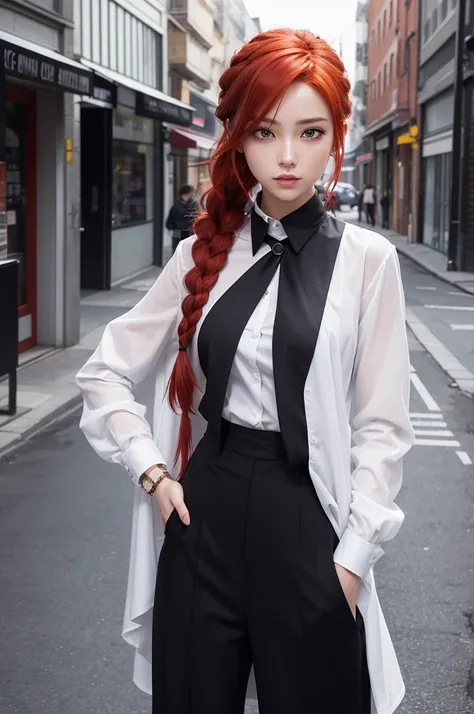 Create a female anime character with red hair, featuring a long braid extending behind her head. She has yellow eyes and fair skin. She wears black dress pants paired with a white long-sleeved formal shirt. The character embodies a stylish and modern look....