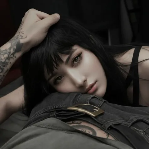 arafed woman com tatuagens laying on a mans back, alessio albi, ela tem cabelo preto com franja, charli bowater e artgeem, inspirado em Elsa Bleda, with pale skin, com tatuagens, pale skin, pale white skin, promotion still, jean deville, frank lily, por Ga...