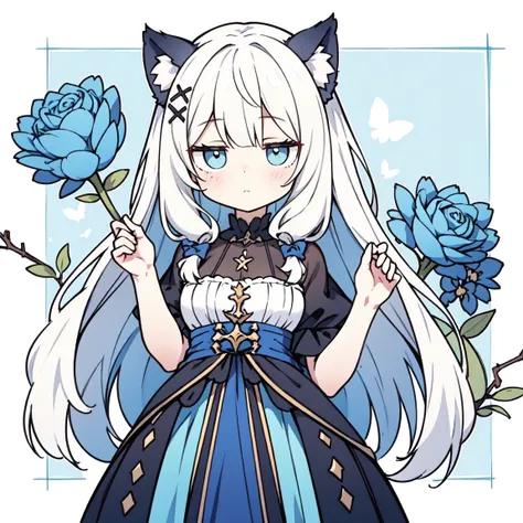 fundo no fundo branco，super cute q version white-haired catgirl，vestindo um terno de marinheiro azul claro，agachado e sentado co...