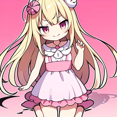 ((Best Quality)), ((masutepiece)), (Detailed), 1 woman, waifu oppai, angry, smile challenging, long hair blonde with hair highlights pink, blue and pink eyes, pink and white tight dress, kawaii, full body