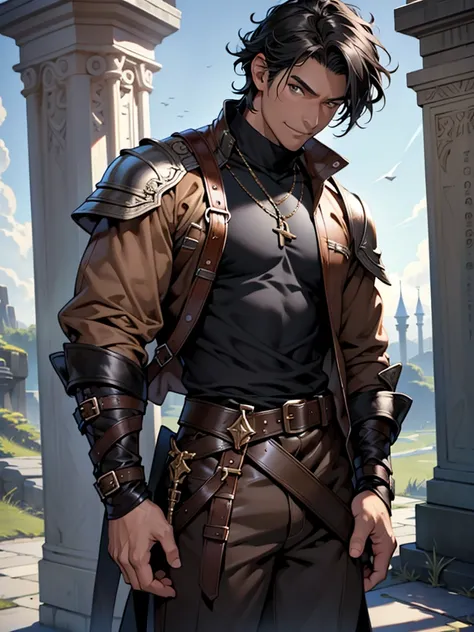 1boy, light caramel skin color, medium rough black hair, fantasy clothes, jacket, brown pants, brown eyes, smirking, absurdres, high res, ultrasharp, 8K, masterpiece, looking at viewer, holding sword over shoulder in the other, black obelisk pommel and hil...