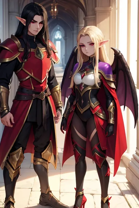 a female adult elf with weavy darkblonde hair visible forehead and demon wings wearing female purple armor next to a tall male adult good looking elf with *very long dark black hair* and red eyes wearing red armor couple dark athmosphere male with black ha...