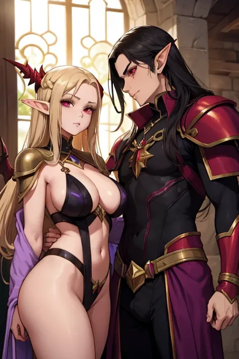 a female adult elf with weavy darkblonde hair visible forehead and demon wings wearing female purple armor next to a tall male adult good looking elf with *very long dark black hair* and red eyes wearing red armor couple dark athmosphere male with black ha...