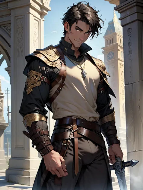 1boy, light caramel skin color, medium rough black hair, fantasy clothes, jacket, brown pants, brown eyes, smirking, absurdres, high res, ultrasharp, 8K, masterpiece, looking at viewer, holding sword over shoulder in the other, black obelisk pommel and hil...