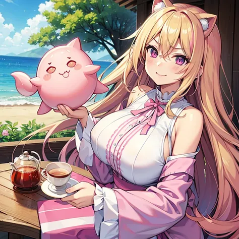 1 woman, waifu oppai, angry, smile challenging, long hair blonde with hair highlights pink, blue and pink eyes, pink and white clothes, kawaii, drinking tea