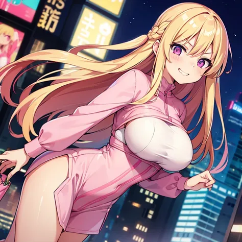 1 woman, waifu oppai, angry, smile challenging, long hair blonde with hair highlights pink, blue and pink eyes, pink and white clothes, kawaii, in the city 