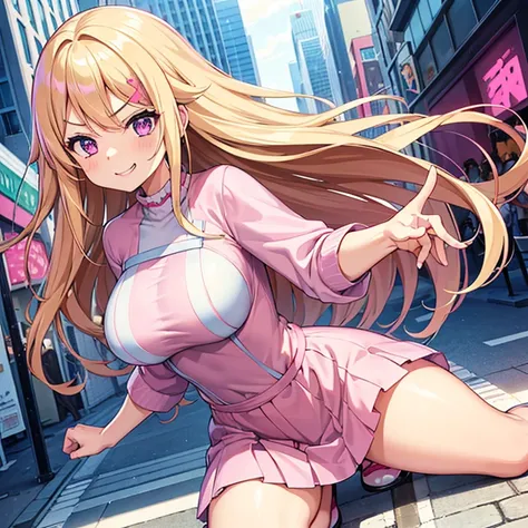 1 woman, waifu oppai, angry, smile challenging, long hair blonde with hair highlights pink, blue and pink eyes, pink and white clothes, kawaii, in the city 