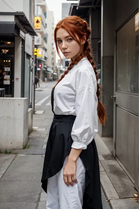 Create a female anime character with red hair, featuring a long braid extending behind her head. She has yellow eyes and fair skin. She wears black dress pants paired with a white long-sleeved formal shirt. The character embodies a stylish and modern look....