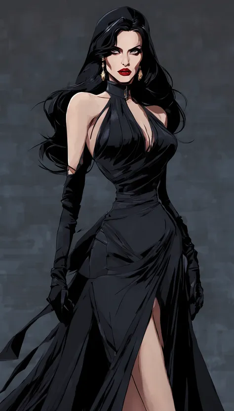 1female, milf angelina jolie as a femme fatale super spy, anime style, narrow waist, wide hips, thin body, full breasts, sheer gala dress, long black hair, elbow gloves, toned legs, detailed face, lipstick, thick lips, detailed body, detailed outfit