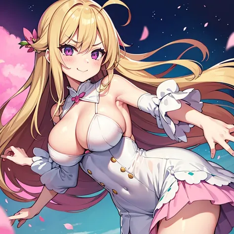 1 woman, waifu oppai, angry, smile challenging, long hair blonde with hair highlights pink, blue and pink eyes, green and white clothes, kawaii,