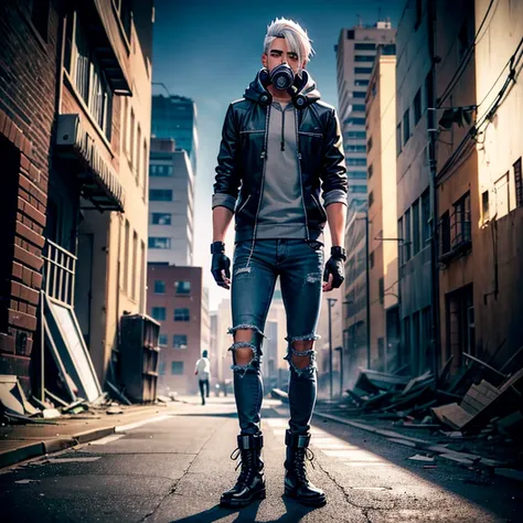 tall lithe young latino ((man)) cleanshaven with white hair asymmetric hair style, wearing a dark grey hoodie, gas mask, jeans, fingerless gloves, and combat boots, ((one person)), standing in a ruined city at night