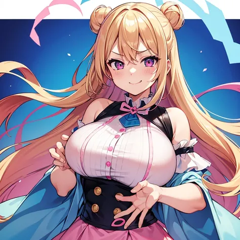 1 woman, waifu oppai, angry, smile challenging, long hair blonde with hair highlights pink, blue and pink eyes, blue and white clothes, kawaii,
