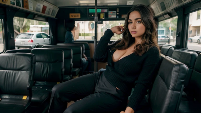 1 lindo,  Mulher, corpo largo, voluptuous Mulher, cabelo ondulado, eyelids outlined, Eyelids made up, cara maquiada, black sweater, Decote, black handkerchief, black pants, Saco preto, sleeping sitting on the bus, boca aberta, olhos fechados.