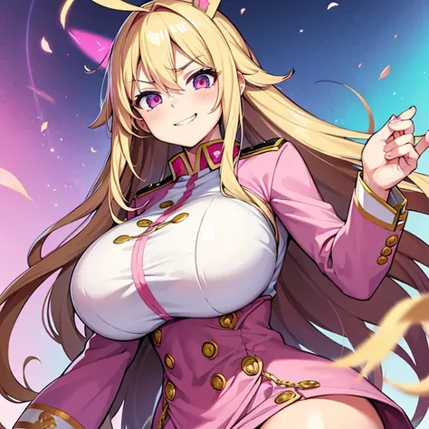 1 woman, waifu oppai, angry, smile challenging, long hair blonde with hair highlights pink, blue and pink eyes, gold and white  militar clothes, kawaii, militar