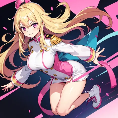 1 woman, waifu oppai, angry, smile challenging, long hair blonde with hair highlights pink, blue and pink eyes, gold and white militar clothes, kawaii, militar, full body 