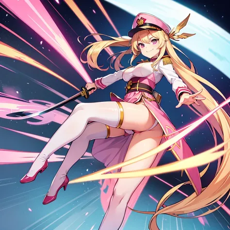 1 woman, waifu oppai, angry, smile challenging, long hair blonde with hair highlights pink, blue and pink eyes, gold and white militar clothes, kawaii, militar, full body, with hat general, with a katana, sword