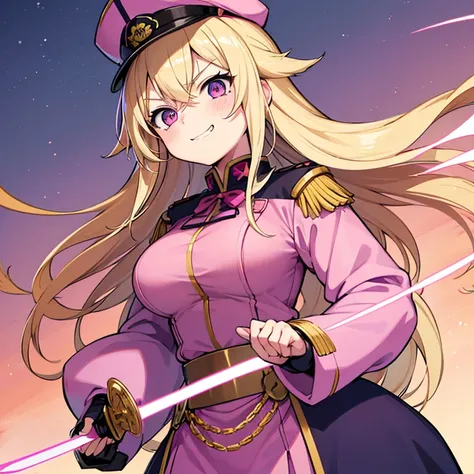 1 woman, waifu oppai, angry, smile challenging, long hair blonde with hair highlights pink, blue and pink eyes, gold and white militar clothes, kawaii, militar, with hat general, with a katana, sword
